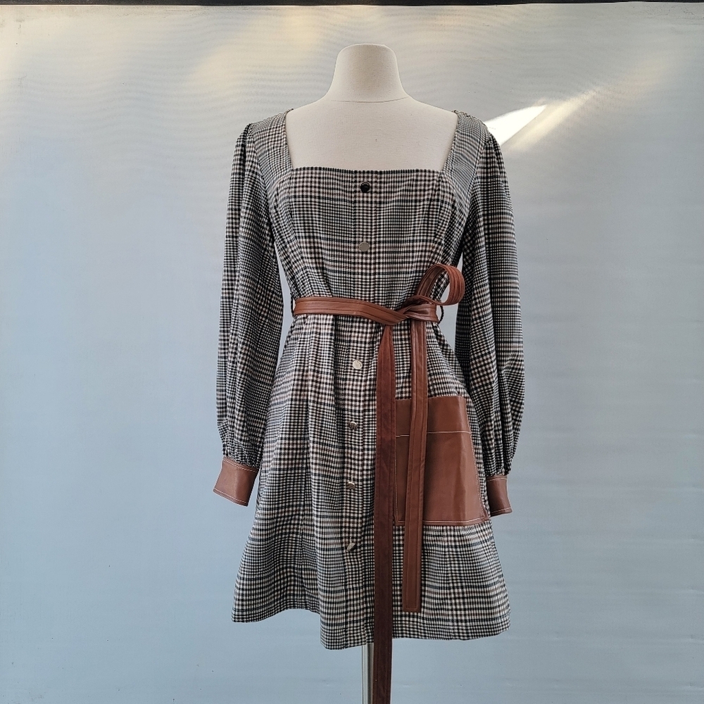 STAUD Plaid Mini Dress Size 8 Glen Check Gray Brown Faux Leather Minimalist Boho